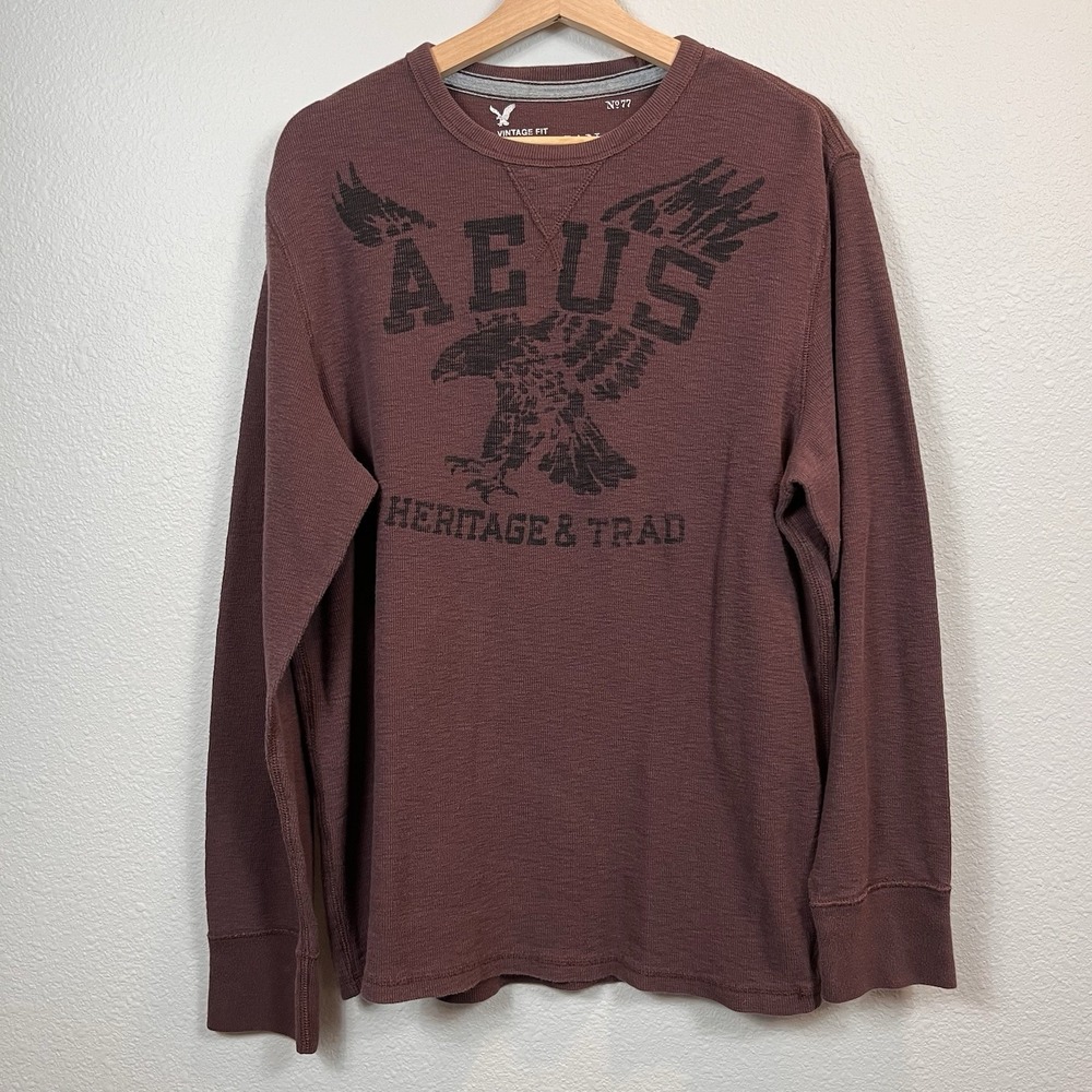 American Eagle Shirt Mens XL Long Sleeve VTG Fit Waffle Knit Cotton Maroon Y2K